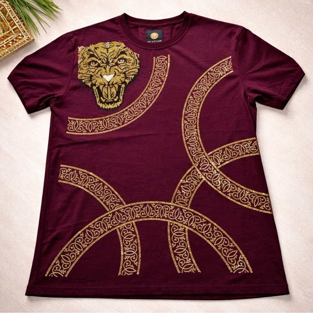 Platini Men's Crew Neck Bling Vegas Style T-Shirt Burgundy Gold  Sz XL